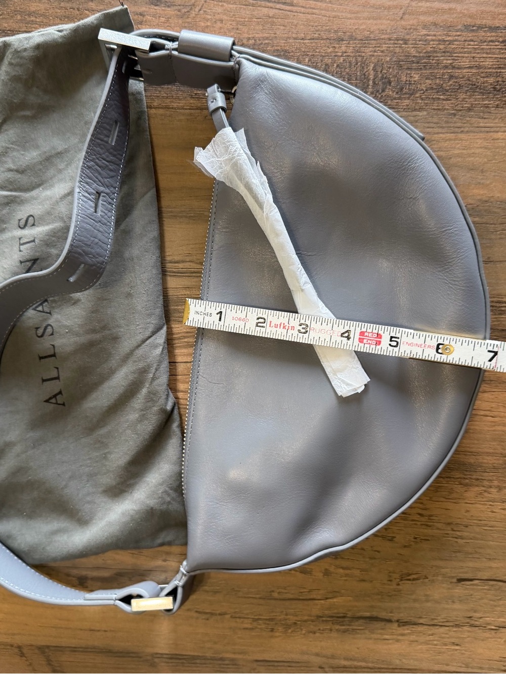 New With Dust Bag $249 AllSaints Half-Moon Crossbody Bag in Light Gray - Picture 11 of 15